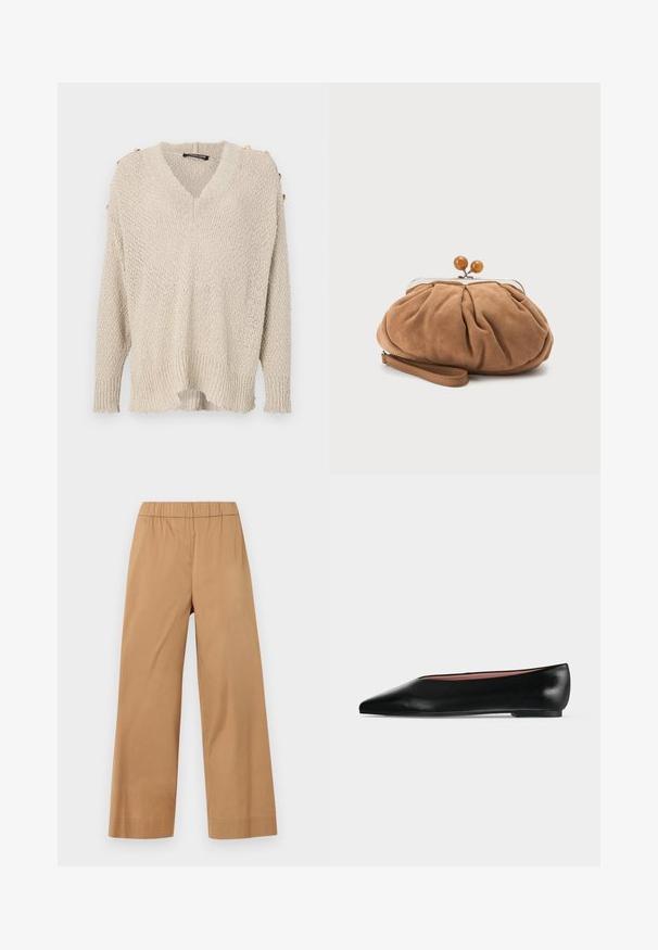 Suéter de punto beige con escote en V, diseño de hombros caídos y dobladillo acanalado. Cuenta con botones dorados en los hombros y una tela suelta y texturizada.; Pantalones beige de pierna ancha con cintura elástica, sin bolsillos ni cierres visibles, mostrados sobre un fondo claro y liso.; Zapato plano negro de cuero para mujer con punta puntiaguda y tacón bajo, mostrado de lado sobre un fondo liso gris claro.; Pequeño bolso de mano marrón suave de ante con tela fruncida, cierre metálico, detalles de cuentas de madera y correa para la muñeca sobre fondo blanco.