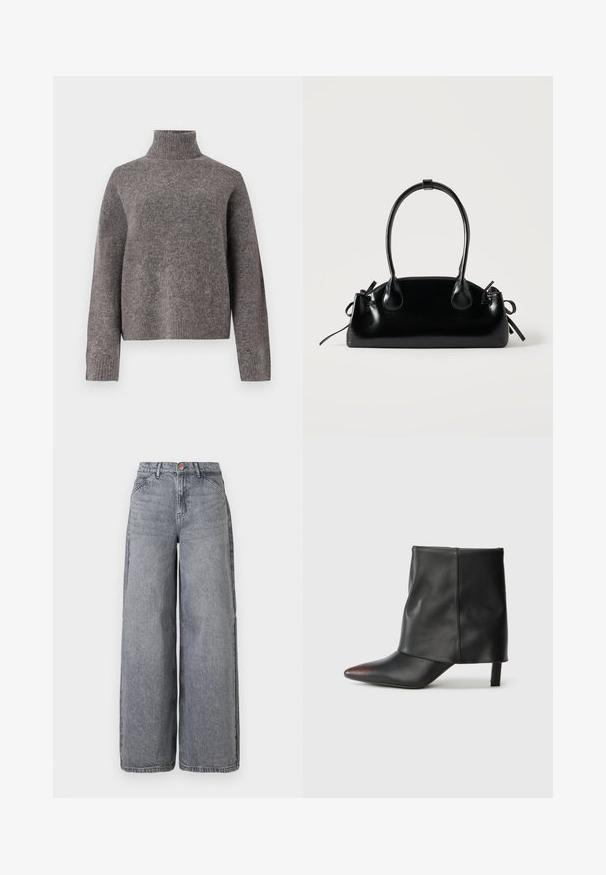 Pull à col roulé gris en tricot doux, avec des manches longues et une coupe décontractée, présentant une texture côtelée aux poignets et à l'ourlet.; Jean en denim à jambes larges dans un délavé gris, avec cinq poches, une fermeture à bouton et une texture douce avec des détails de whiskering subtils.; Bottine noire en cuir lisse avec un bout pointu et un talon effilé. La tige présente un design légèrement froncé.; Petit sac à main noir brillant avec deux longues anses et des détails à cordon sur les côtés sur un fond clair uni.
