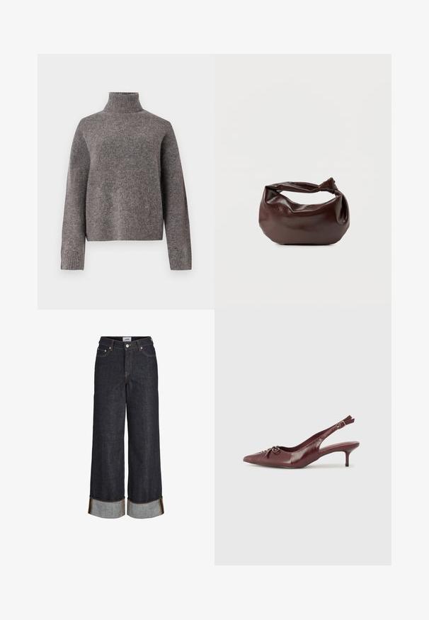 Grå turtleneck sweater lavet af blødt strikket materiale, med lange ærmer og en afslappet pasform, samt ribbet tekstur ved manchetten og kanten.; Mørkeblå jeans med brede ben og opbuk ved kanterne, fem lommer og kontrastfuld gul syning.; Bordeaux læder slingback hæl med spidse tå, justerbar rem og dekorativ sløjfedetalje foran. 7,5 cm hælhøjde.; Mørkebrun læder skuldertaske med en blød, afslappet form og et snoet knudehåndtag på en ensartet hvid baggrund.