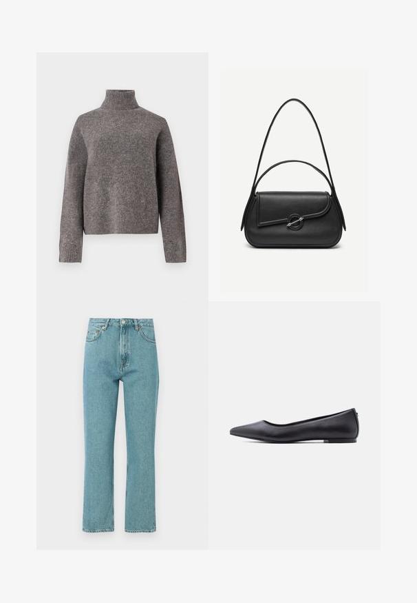 Pull à col roulé gris en tricot doux, avec des manches longues et une coupe décontractée, présentant une texture côtelée aux poignets et à l'ourlet.; Jeans bleu clair taille haute avec une coupe droite. Fabriqués en denim, comportent des poches frontales et une fermeture à bouton.; Chaussure plate en cuir noire à bout pointu avec petit talon, vue de profil sur fond blanc.; Sac à main en cuir noir avec bords arrondis, rabat asymétrique, fermoir circulaire en métal, et des bandoulières courtes et longues.