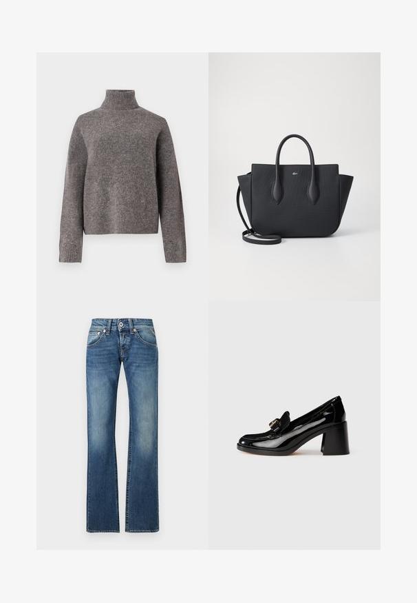 Pull à col roulé gris en tricot doux, avec des manches longues et une coupe décontractée, présentant une texture côtelée aux poignets et à l'ourlet.; Jean en denim bleu avec fermeture par bouton et zip, poches avant et arrière, et légère décoloration aux cuisses et aux genoux.; Mocassins noirs en cuir verni à talon avec un bout arrondi, une sangle décorative et un talon épais. Texture lisse et finition brillante.; Sac fourre-tout noir en matériau texturé, doté de poignées doubles et d'une bandoulière amovible. Accent logo à l'avant.