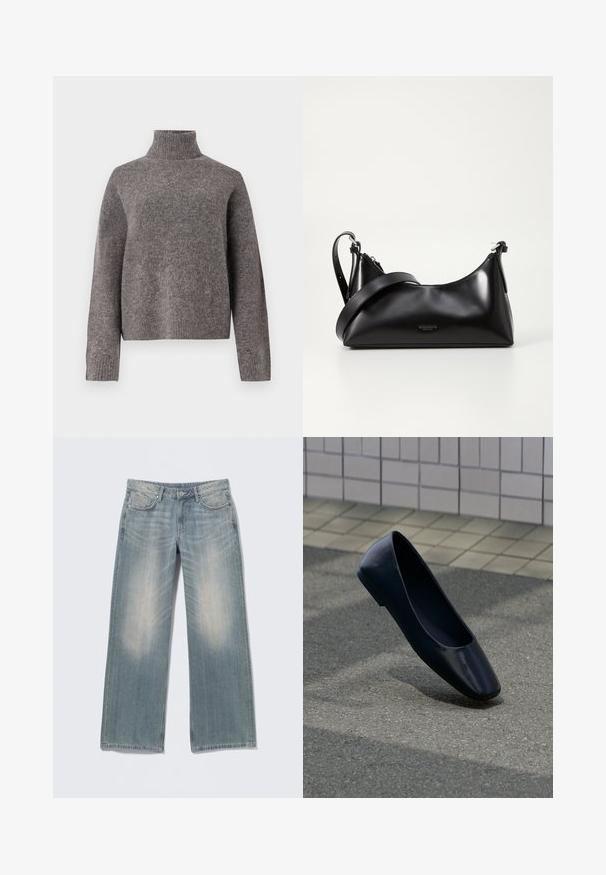 Grå turtleneck sweater lavet af blødt strikket materiale, med lange ærmer og en afslappet pasform, samt ribbet tekstur ved manchetten og kanten.; Lyseblå jeans med vide ben og falmet finish, lavet af denim. Har bæltestropper, forlommer og lynlås med knaplukning.; Sort læder flad sko, stående opret på en asfaltbelægning nær en flisebelagt fortovskant.; Sort læderhåndtaske med en glat tekstur. Har en justerbar stropp og et enkelt, minimalistisk design med lynlås.