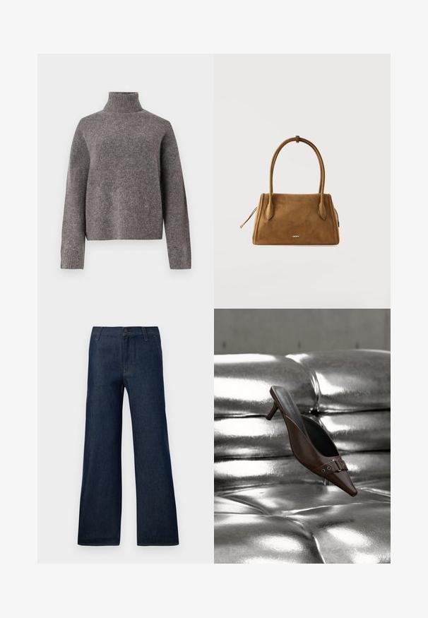 Pull à col roulé gris en tricot doux, avec des manches longues et une coupe décontractée, présentant une texture côtelée aux poignets et à l'ourlet.; Jean large en denim bleu foncé, avec un design classique à cinq poches, une fermeture à bouton et des détails de couture subtils.; Mule à talon brun à bout pointu avec détail boucle flottant au-dessus d'une surface en cuir argenté capitonnée brillante.; Sac à main DKNY en daim marron avec deux longues poignées et une fermeture éclair, présenté sur un fond blanc uni.