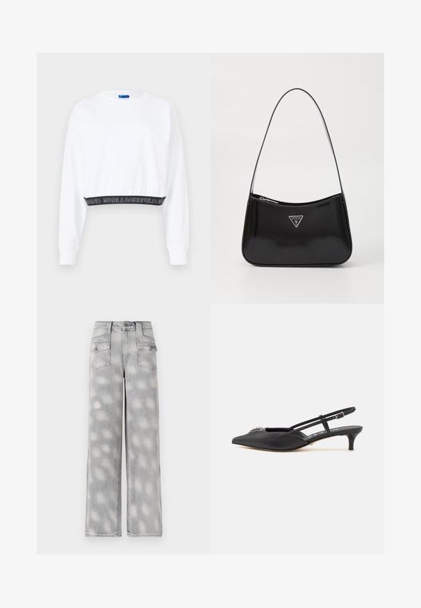 Valge lühendatud dressipluus pikkade varrukatega, soonikute äärtega ja musta vöökohtaga, millel on valge tekst "KARL LAGERFELD JEANS". Sile tekstuur.; Heledad hallhalli denimist laiad püksid, mis on kõrge vöökoht, nelja taskuga ja pleekinud mustriga, tagavad mugava istuvuse.; Mustad musta rihmaga kingad terava ninaga, valmistatud siledast materjalist, väikese kontsaga ja kaunistava hõbedase aksessuaari ning sillerdava pealsega.; Must küllastatud nahast õlakott, millel on kumer kuju, hõbedase kolmnurkse logo ja tõmblukuga sulgemine. Sile tekstuur ja õhuke rihm.