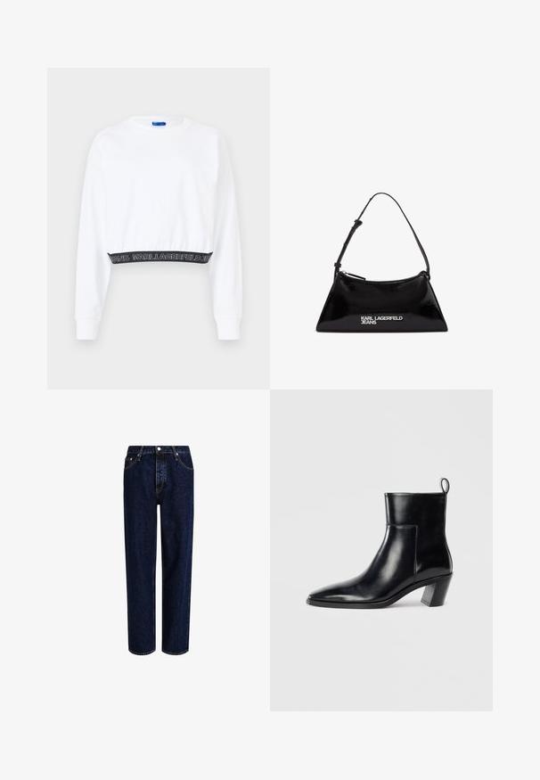 Sweatshirt blanc court avec manches longues, poignets côtelés et une taille noire arborant le texte "KARL LAGERFELD JEANS" en blanc. Texture lisse.; Jeans en denim bleu foncé avec une coupe droite, dotés d'une taille haute, d'un style à cinq poches et de coutures contrastantes. Sans embellissements.; Bottine en cuir noir avec un bout pointu, un talon empilé géométrique et une languette à l'arrière. Texture lisse et design épuré.; Sac à main en cuir verni noir avec une forme triangulaire, doté d'une fermeture éclair supérieure et d'une sangle ajustable. Logo "KARL LAGERFELD JEANS" en argent.
