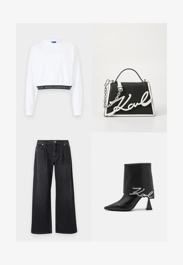 Valge lühendatud dressipluus pikkade varrukatega, soonikute äärtega ja musta vöökohtaga, millel on valge tekst "KARL LAGERFELD JEANS". Sile tekstuur.; Laiad mustad teksad, mis on valmistatud denimist, ees on nööpidega kinnitamine, kaks eesmist taskut ja puhas viimistlus ilma kaunistusteta.; Mustast nahast pahkluu saabas tippkõrgusega plokkkanal, terava nina ja volditud ülapoolega, millel on hõbedane "Zaul" logo detail.; Mustmust mustkott, millel on valged aktsendid. Omab ahel-rihma, struktureeritud kujundust ja silmapaistvat valget logo detaili. Sile tekstuur.