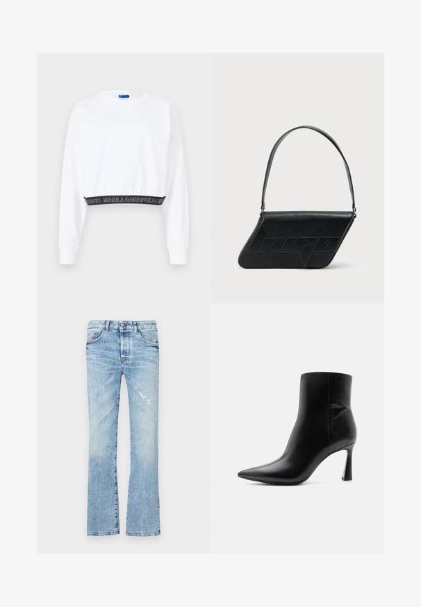 Valge lühendatud dressipluus pikkade varrukatega, soonikute äärtega ja musta vöökohtaga, millel on valge tekst "KARL LAGERFELD JEANS". Sile tekstuur.; Heledad sinine laienev püksid denimist. Omavad pleegitatud pesu, rebendiplaastrit, viit taskut ja nööp-kinnitus vöökohal.; Mustast nahast pahkluu saabas terava nina ja õhukese kõrge kontsaga, nähtud külgvaates valgel taustal.; Mustast nahast kolmnurkse kujuga õlakott, reljeefse logoga ja ühe reguleeritava rihmaga. Minimalistlik disain ja sile tekstuur.