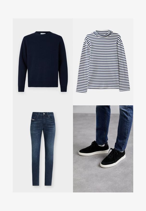 Marineblå trøje med rund halsudskæring, ribbede manchetter og kant. Fremstillet af blødt strikmateriale, med et simpelt og klassisk design.; CLOSED TURTLE NECK - Langærmet T-shirt - dark night; Slim-fit mørkeblå denimjeans med klassisk design med fem lommer og diskrete falmede detaljer på lårene.; Sorte ruskind sneakers med en hvid gummisål, der har et klassisk low-top design, rundt tå og flade sorte snørebånd.