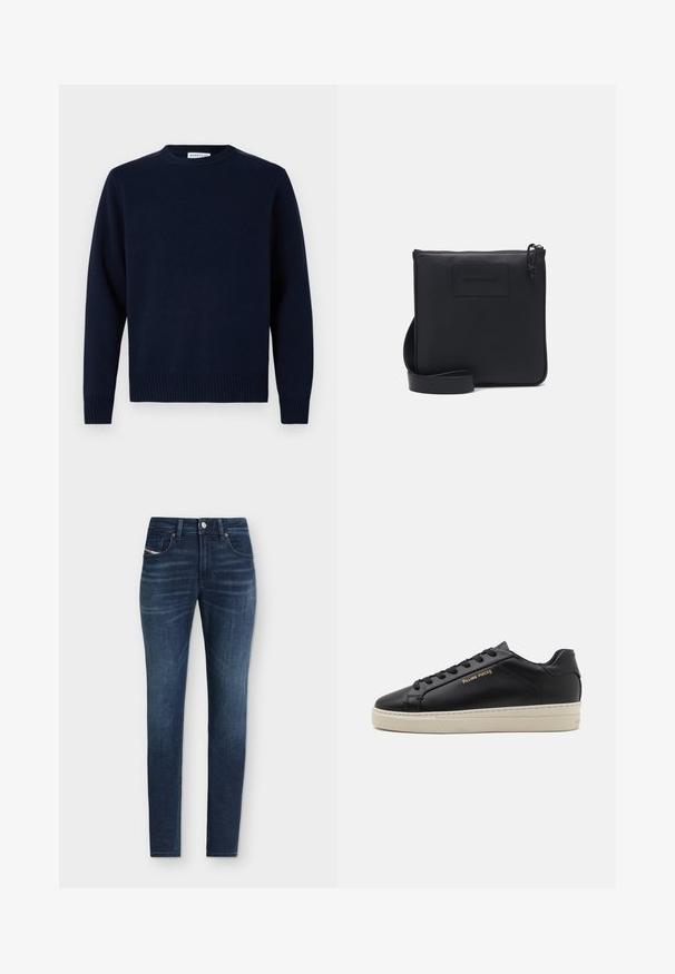 Marineblå trøje med rund halsudskæring, ribbede manchetter og kant. Fremstillet af blødt strikmateriale, med et simpelt og klassisk design.; Slim-fit mørkeblå denimjeans med klassisk design med fem lommer og diskrete falmede detaljer på lårene.; Sorte lædersneakers med en glat finish, kontrasterende cremefarvet sål, rund tå, guld logo på siden og seks huller til snørebånd.; Sort læder crossbody taske med tekstureret overflade, rektangulær form, lynlås lukning og justerbar strop. Har et diskret brandlogo foran.