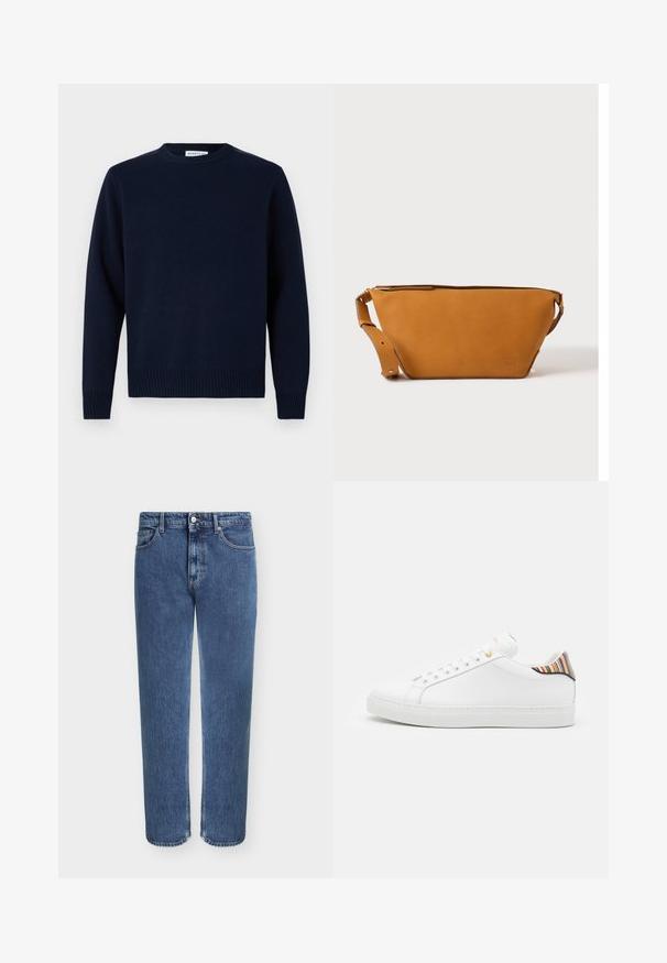 Marineblå trøje med rund halsudskæring, ribbede manchetter og kant. Fremstillet af blødt strikmateriale, med et simpelt og klassisk design.; Klassiske blå straight-leg cowboybukser med frontknap og lynlås, bæltestropper og fem lommestil.; Hvide lædersneakers med en glat overflade, prydet med en farverig stribet detalje på hælen, guldøje og flad hvid sål.; Lys brun læder crossbody taske med justerbar rem og lynlås, vist mod en ensartet lys baggrund.