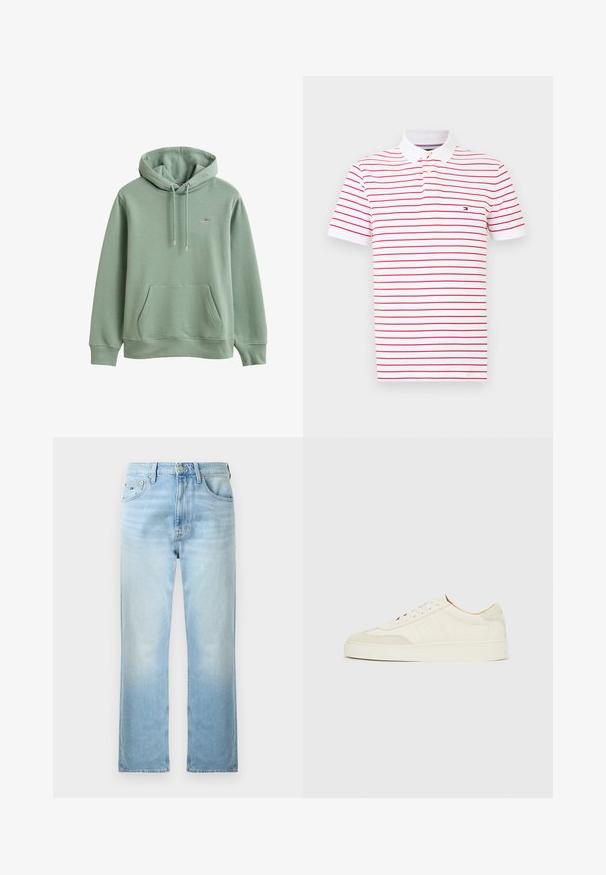 Sweat à capuche vert clair avec poche devant, capuche avec cordon réglable, poignets côtelés et petit logo brodé sur la poitrine.; Polo en coton blanc avec des rayures horizontales rouges. Comprend un col classique, une patte de boutonnage à trois boutons et un petit logo sur la poitrine.; Jean bleu clair à jambes droites avec poches avant, passants de ceinture et fermeture par bouton sur fond blanc uni.; Baskets en daim blanc à finition lisse, embout rond, design lacé plat, avec des accents texturés contrastants. Comprend un détail de logo subtil.
