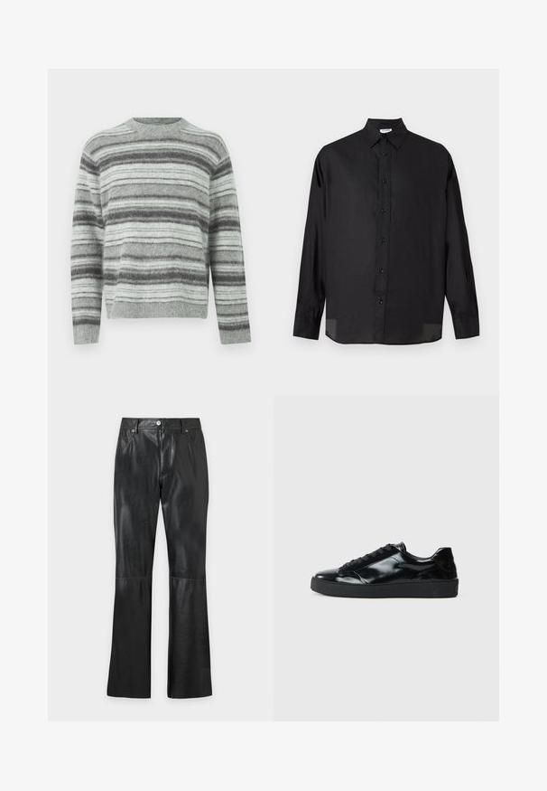 Pull gris clair avec des rayures horizontales gris foncé et blanches, fabriqué en matière tricotée douce, doté d'un col rond et de manches longues.; Chemise noire à manches longues avec boutons et col, coupe slim, et étiquette de marque "Filippa" à l'intérieur de l'encolure.; Pantalon noir en similicuir avec poches avant, fermeture éclair à l’avant, fermeture par bouton, passants pour ceinture et jambes évasées.; Baskets en cuir verni noir avec un bout arrondi, un laçage, une semelle en caoutchouc texturé et une finition lisse.