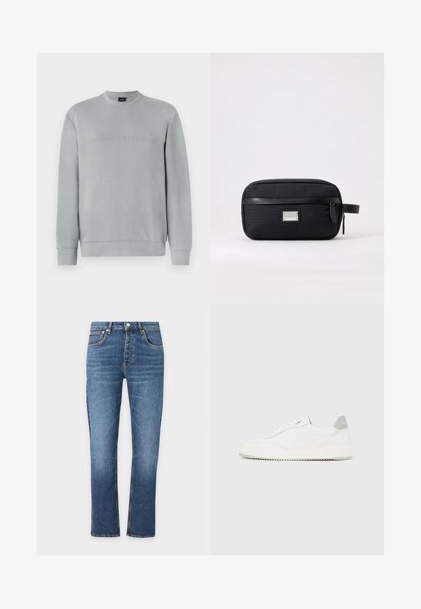 Harmaa sweatshirt, jossa on pyöreä kaula-aukko, ja edessä kohotettu "ARMANI EXCHANGE" -teksti sekä resorit hihansuissa ja helman kohdalla.; Siniset suoralahkeiset farkut, joissa etutaskut, napit ja vetoketju, esillä valkoisella taustalla.; Valkoinen matala lenkkikenkä, jossa harmaa kantapääosa, valkoiset nauhat ja kuvioitu pohja, esillä yksinkertaisella vaalealla taustalla.; Musta suorakaiteen muotoinen toilettilaukku, jossa etutaskussa vetoketju, sivukahva ja hopeanvärinen suorakaiteen muotoinen brändilaatta yksivärisen vaalean taustan päällä.