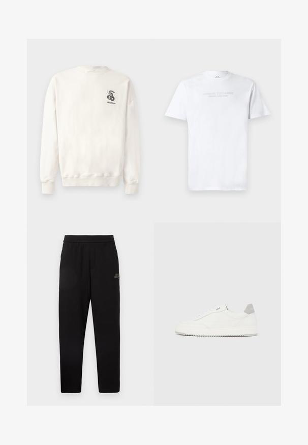 Sweatshirt en coton blanc avec col rond, poignets et ourlet côtelés, arborant un graphique de serpent noir et le texte "HAN KJØBENHAVN" sur la poitrine.; T-shirt en coton blanc avec col rond, manches courtes et logo en relief "ARMANI EXCHANGE MILANO/NEW YORK" sur le devant.; Pantalons de survêtement noirs ajustés avec taille élastique et petit logo imprimé sur la cuisse supérieure gauche.; Baskets basses blanches avec un onglet de talon gris, des lacets blancs et une semelle texturée, présentées sur un fond uni clair.