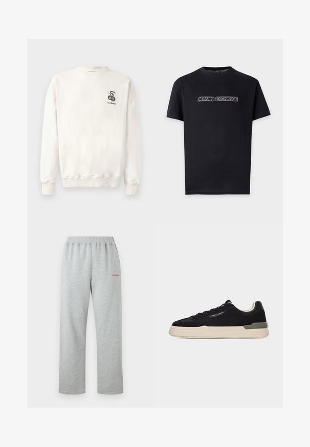 Sudadera blanca de algodón con cuello redondo, puños y dobladillo acanalados, que presenta un gráfico de serpiente negra y el texto "HAN KJØBENHAVN" en el pecho.; Camiseta negra de cuello redondo y manga corta con "ARMANI EXCHANGE" bordado en gris sobre el pecho.; Pantalones deportivos gris claro con cintura elástica y texto pequeño en rojo "No Problemo" en la parte superior del muslo izquierdo.; Zapatilla baja negra con suela blanca, logotipo de Armani Exchange en el costado, cordones negros y detalle en gris claro en el talón, mostrada sobre un fondo liso.