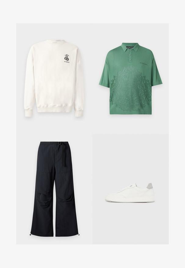 Sweatshirt en coton blanc avec col rond, poignets et ourlet côtelés, arborant un graphique de serpent noir et le texte "HAN KJØBENHAVN" sur la poitrine.; Les Benjamins Polo - army green; Pantalon noir à jambes larges en tissu léger. Dispose d'une ceinture, de deux grandes poches latérales et d'ourlets ajustables avec fermetures à cordon.; Baskets basses blanches avec un onglet de talon gris, des lacets blancs et une semelle texturée, présentées sur un fond uni clair.