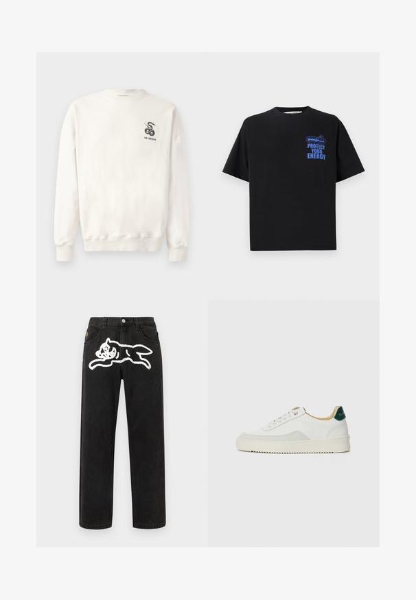 Sudadera blanca de algodón con cuello redondo, puños y dobladillo acanalados, que presenta un gráfico de serpiente negra y el texto "HAN KJØBENHAVN" en el pecho.; Camiseta de algodón negra de manga corta, con el texto azul "PROTEGE TU ENERGÍA" y un diseño gráfico en la parte superior izquierda.; Vaqueros de mezclilla negra con un corte relajado, que presentan un diseño bordado de un gato blanco en la parte trasera y un cierre de botón en la cintura.; Zapatilla blanca con acentos de ante, puntera redondeada, cordones planos y suela de goma color crema. Presenta un logo verde en el talón.