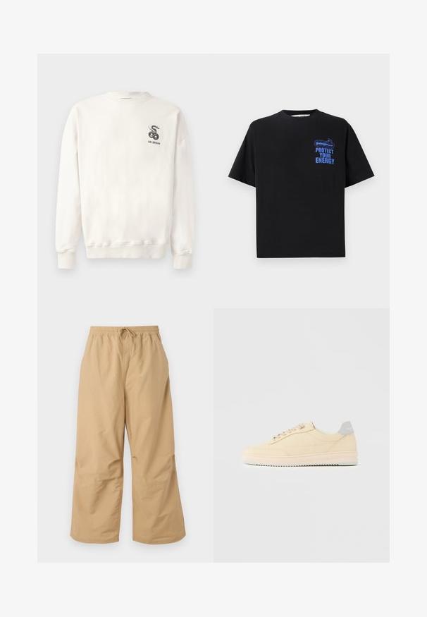 Sweatshirt en coton blanc avec col rond, poignets et ourlet côtelés, arborant un graphique de serpent noir et le texte "HAN KJØBENHAVN" sur la poitrine.; T-shirt noire en coton à manches courtes, avec le texte bleu "PROTÉGEZ VOTRE ÉNERGIE" et un design graphique sur le côté supérieur gauche.; Pantalons larges beiges en tissu léger, avec une taille élastique dotée d'un cordon de serrage et des accents cousus près de l'ourlet.; Baskets basses beige à lacets, semelle rose clair et languette grise à l'arrière marquée "Filling Pieces", vues de profil sur fond uni.