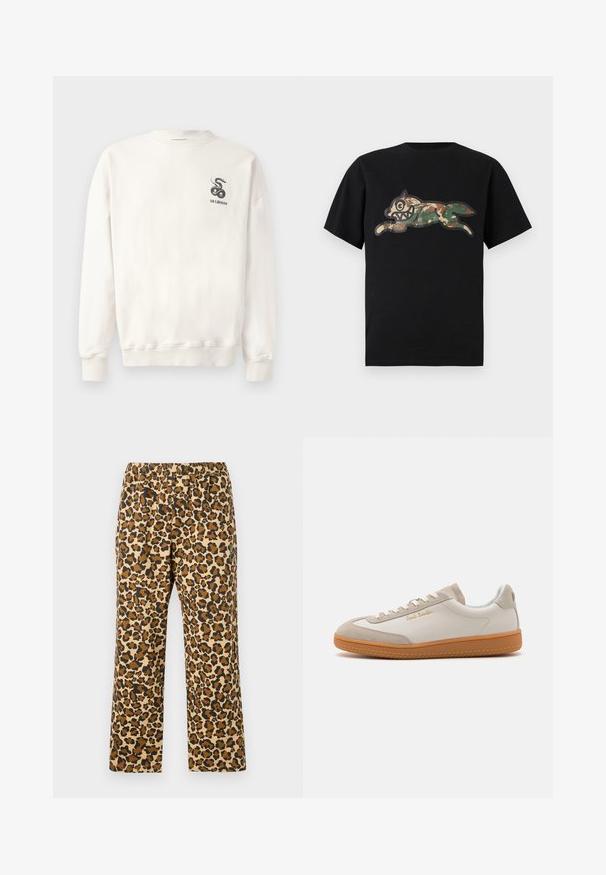 Sudadera blanca de algodón con cuello redondo, puños y dobladillo acanalados, que presenta un gráfico de serpiente negra y el texto "HAN KJØBENHAVN" en el pecho.; Icecream CAMO RUNNING DOG WOODLAND - Camiseta estampada - black; Pantalones de estampado de leopardo en tonos marrón, beige y negro. Cuentan con una cinturilla elástica y un diseño relajado de pierna recta. Tejido ligero.; Zapatilla baja en blanco y beige con suela de goma, cordones blancos, detalles de ante y el logo dorado "Paul Smith" en el lateral.