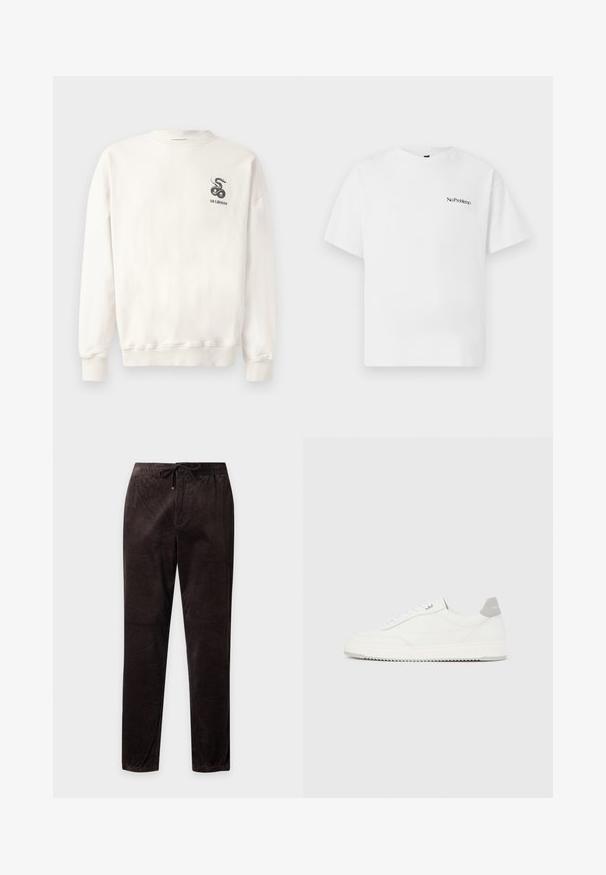Sudadera blanca de algodón con cuello redondo, puños y dobladillo acanalados, que presenta un gráfico de serpiente negra y el texto "HAN KJØBENHAVN" en el pecho.; Camiseta de algodón blanca de manga corta, con un logotipo de texto negro "No Problemo" en la parte izquierda del pecho. Diseño simple con corte recto.; Pantalones de pana marrón oscuro con cintura elástica y cordón, ajuste de pierna recta, mostrados planos sobre un fondo blanco.; Zapatilla blanca de corte bajo con pestaña en el talón gris, cordones blancos y suela texturizada, presentada sobre un fondo claro y liso.