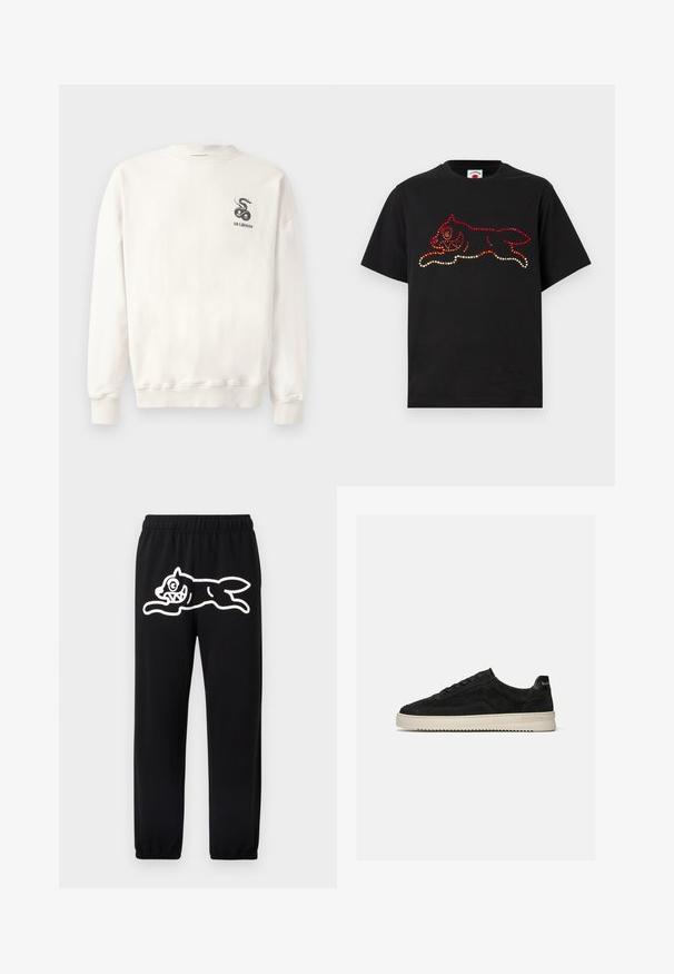 Sudadera blanca de algodón con cuello redondo, puños y dobladillo acanalados, que presenta un gráfico de serpiente negra y el texto "HAN KJØBENHAVN" en el pecho.; Camiseta negra de algodón con un patrón de pedrería en tonos rojo y naranja que muestra un diseño de gato saltando en la parte frontal. Manga corta, cuello redondo.; Pantalones deportivos negros con cintura elástica, que presentan un gran diseño blanco de estilo cartoon de una criatura saltando en la pierna izquierda.; Zapatilla deportiva baja de ante negro con cordones negros y suela de goma blanca, vista lateral sobre fondo gris claro liso.