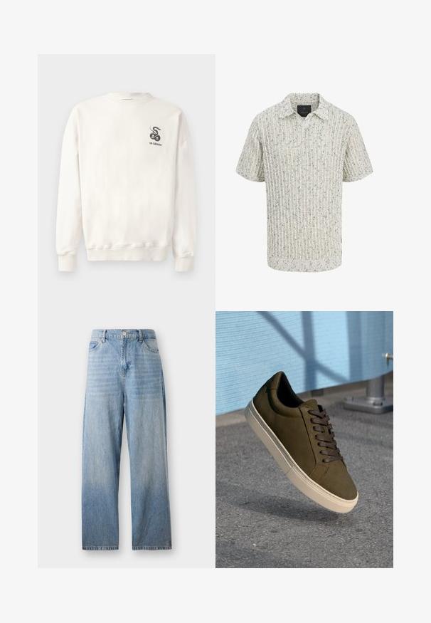 Hvid bomulds sweatshirt med rund halsudskæring, ribbede mansjetter og kant, med et sort slangemotiv og teksten "HAN KJØBENHAVN" på brystet.; Kortærmet strikket poloskjorte i creme med spættet mønster og ribbet struktur, med lille krave og V-udskæring.; Lyseblå denimjeans med lige pasform, høj talje og en falmet finish. Har forlommer og knaplukning.; Mørk olivengrøn suedesneaker med brune snørebånd, cremet gummisål, rund tå og glat tekstur mod en grå asfaltbaggrund.