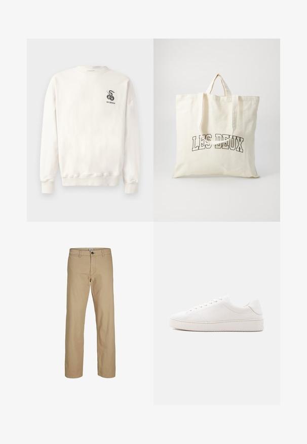 Hvid bomulds sweatshirt med rund halsudskæring, ribbede mansjetter og kant, med et sort slangemotiv og teksten "HAN KJØBENHAVN" på brystet.; Beige bukser med lige ben, knaplukning, bæltestropper og forlommer, vist mod en hvid baggrund.; Hvid lædersneaker med en glat overflade, rund tå, seks-huls snørebånd og en struktureret gummisål. Minimalistisk design uden mønstre.; Canvas tote bag i off-white, med korte håndtag og teksten "LES DEUX" trykt i fede sorte bogstaver. Holdbart, simpelt design.