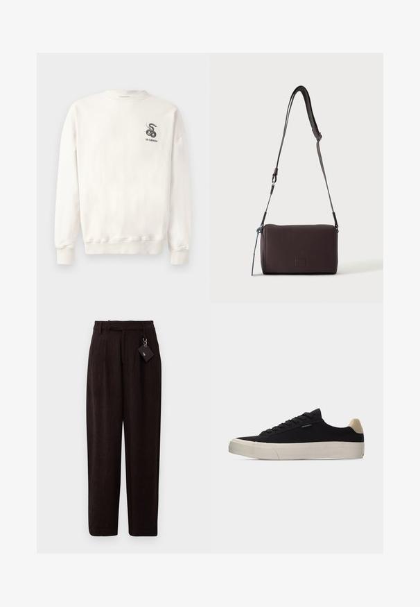Sudadera blanca de algodón con cuello redondo, puños y dobladillo acanalados, que presenta un gráfico de serpiente negra y el texto "HAN KJØBENHAVN" en el pecho.; Pantalones de color marrón oscuro, texturizados y de corte holgado, con cintura con cinturón y una etiqueta adjunta mediante un lazo metálico. Frontal plano y piernas rectas.; Zapatilla negra de corte bajo con pestaña de talón beige, suela gruesa de goma blanca, cordones negros y pequeña etiqueta "PS Paul Smith" en el lateral.; Bolso bandolera de cuero marrón oscuro con textura, correa ajustable y pequeño adorno decorativo azul en el lateral.