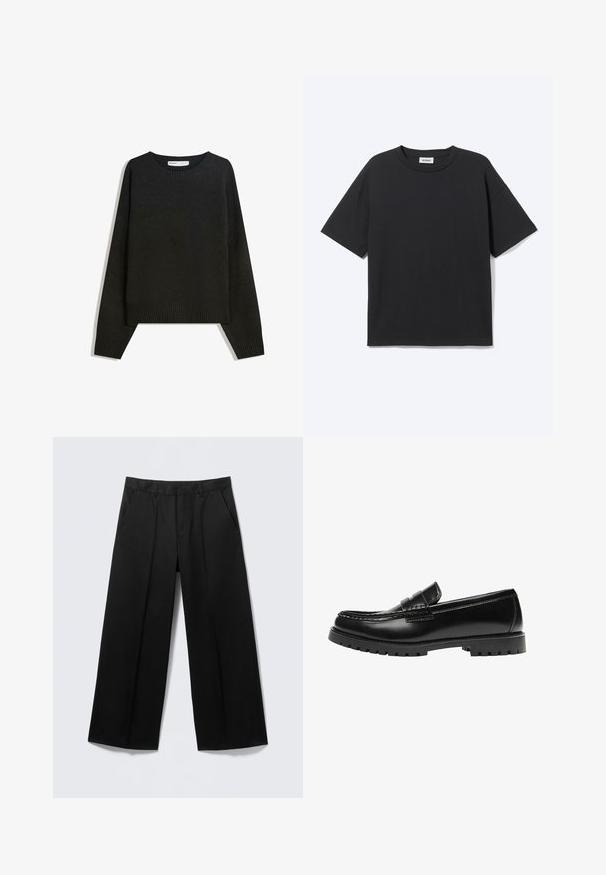 Sort striktrøje med rund halsudskæring, ribbede manchetter og nederste kant. Designet er rummeligt med dropped shoulders for en afslappet pasform.; Sort T-shirt med korte ærmer og rund hals med afslappet pasform, forfra, ensfarvet design og synligt Weekday-mærke inde i kraven.; Sorte vidde-bukser med bæltestropper, forlommer og lynlås foran, vist på en lysegrå baggrund.; Sort læderloafer med en kraftig gummisål og klassiske penny-strap detaljer, vist fra ydersiden.