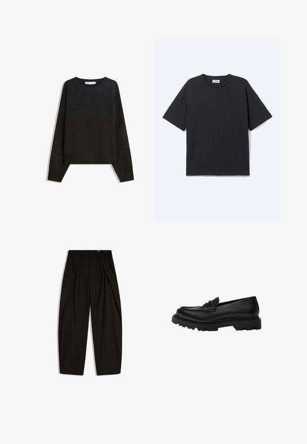 Sort striktrøje med rund halsudskæring, ribbede manchetter og nederste kant. Designet er rummeligt med dropped shoulders for en afslappet pasform.; Sort T-shirt med korte ærmer og rund hals med afslappet pasform, forfra, ensfarvet design og synligt Weekday-mærke inde i kraven.; Sorte skræddersyede bukser med høj talje, prydet med subtile, lodrette nålestriber og en frontplissédetalje, vist fladt mod en hvid baggrund.; Sorte læder loafers med en robust, struktureret sål. Har en dekorativ syet kant og en lav hæl for et moderne design.