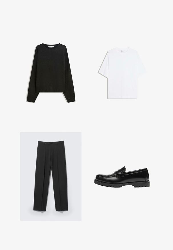Sort striktrøje med rund halsudskæring, ribbede manchetter og nederste kant. Designet er rummeligt med dropped shoulders for en afslappet pasform.; Hvid oversized bomulds t-shirt med rund hals og korte ærmer; glat tekstur, uden synlige mønstre eller accenter.; Sorte skræddersyede bukser med forreste plisseringer, sidelommer, bæltestropper og knaplukning ved linningen på en lys baggrund.; Sort læderloafer med en kraftig gummisål og klassiske penny-strap detaljer, vist fra ydersiden.