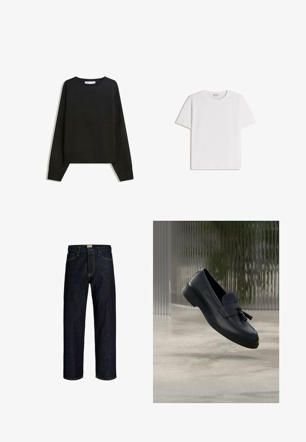 Sort striktrøje med rund halsudskæring, ribbede manchetter og nederste kant. Designet er rummeligt med dropped shoulders for en afslappet pasform.; Hvid bomuld T-shirt med rund halsudskæring og korte ærmer. Har en klassisk, firkantet form uden synlige mønstre eller detaljer.; Mørkeblå jeans med lige ben, gul syning, frontknap og lynlås, samt design med fem lommer.; Sorte læderloafers med en glat tekstur, en rundet tå og dekorative kvaster foran. Fleksibel gummisål med lav hæl.