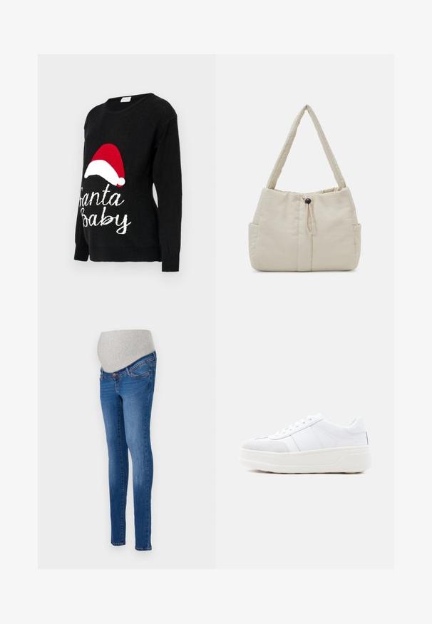 Sort strikket sweater med lange ærmer, med en rød juleslædehat og hvid "Santa Baby" tekst strikket på forsiden.; Graviditetsjeans i blå denim med en tætsiddende pasform. Har en grå strækpanel for komfort. Klassisk fem-lomme design med let falmning.; Hvid lav sneakers med snørelukning, tyk plateau-sål og ruskindsdekoration på tåen, vist fra siden mod en ensfarvet baggrund.; Even&Odd by Zalando Håndtasker - off-white