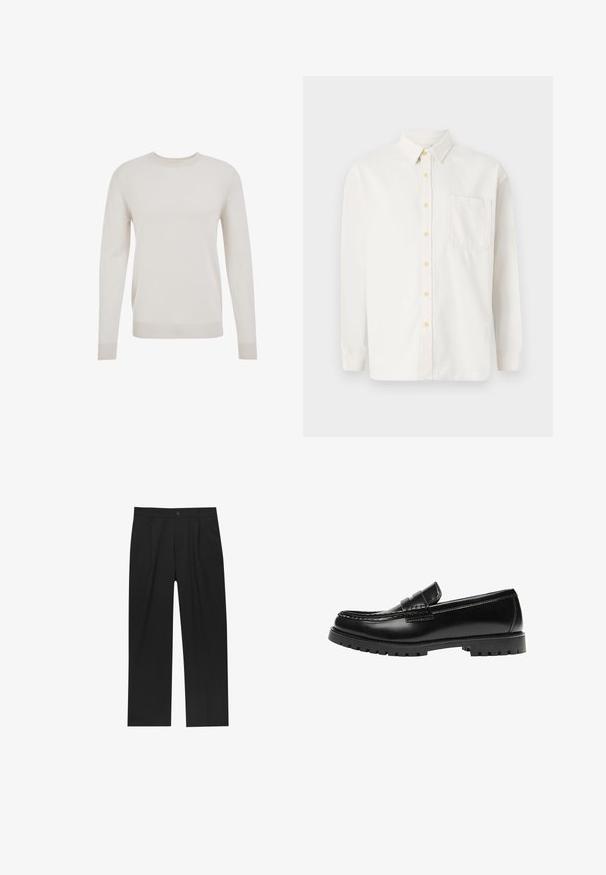 Crème gebreide trui, ronde hals, lange mouwen, geribde manchetten en zoom. Zachte textuur, eenvoudig ontwerp en lichtgewicht materiaal.; Witte lange mouw shirt gemaakt van een katoenmix, met een button-down kraag, gele knopen en een enkele borstzak. Klassieke pasvorm.; Zwarte broeken met een recht model, gemaakt van een gladde stof. Voorzien van een voorplooien en een enkele knoopsluiting bij de taille.; Zwarte leren loafer met een dikke rubberen zool en klassieke penny-strap details, gezien vanaf de buitenkant.
