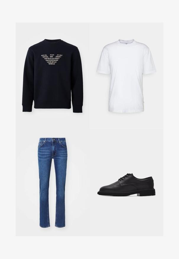 Sudadera de cuello redondo en azul marino con mangas largas, que presenta un logo de águila estampado con las iniciales "GA" centradas en el pecho.; Camiseta de algodón blanca con cuello redondo, mangas cortas y dobladillo recto. Cuenta con una pequeña etiqueta de la marca en la costura lateral izquierda.; Vaqueros de mezclilla azul oscuro con un diseño de pierna recta, que presentan un sutil desgaste, cinco bolsillos y un cierre de botón. Costuras en un tono neutro que los destacan.; Zapato de vestir para hombre de cuero negro con cordones, acabado liso y suela gruesa de goma, mostrado de perfil sobre fondo blanco.