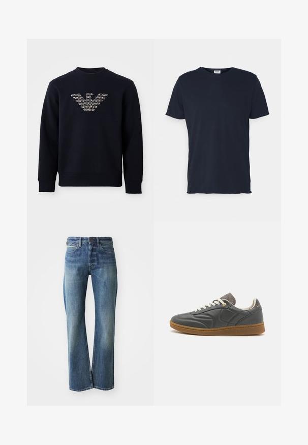 Marineblauwe sweatshirt met ronde hals en lange mouwen, voorzien van een gemarmerd adelaarslogo met de initialen "GA" gecentreerd op de borst.; Navyblauwe katoenen t-shirt met ronde hals en korte mouwen, met een gladde textuur en eenvoudig ontwerp, zonder zichtbare patronen of accenten.; Denim jeans in een licht tot gemiddeld blauwe kleur, met een recht gesneden pijp, klassiek vijf-pocket ontwerp en subtiele vervaging aan de voorkant.; Donkergrijze leren sneaker met een ronde neus, witte veters, tan rubberen zool en subtiele grijze stofaccenten op de kraag. Gouden logo-detail.