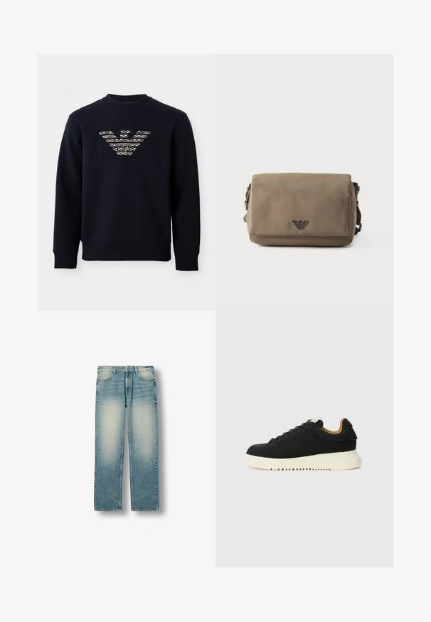 Marineblaues Crewneck-Sweatshirt mit langen Ärmeln, das ein gemustertes Adler-Logo mit den Initialen "GA" in der Mitte der Brust zeigt.; Hellblaue Jeans mit geradem Bein, ausgewaschenen vorderen Oberschenkelbereichen, vorderen Taschen, Gürtelschlaufen und Knopfverschluss.; Schwarze Wildledersneaker mit einer klobigen weißen Sohle, runder Spitze und tonalen Schnürsenkeln. Verfügt über ein Lederinnenfutter und dezentes Branding auf der Zunge.; Rechteckige Crossbody-Tasche in Taupe mit Klappverschluss und kleinem Metall-Logo-Emblem mittig auf der Vorderseite vor weißem Hintergrund.