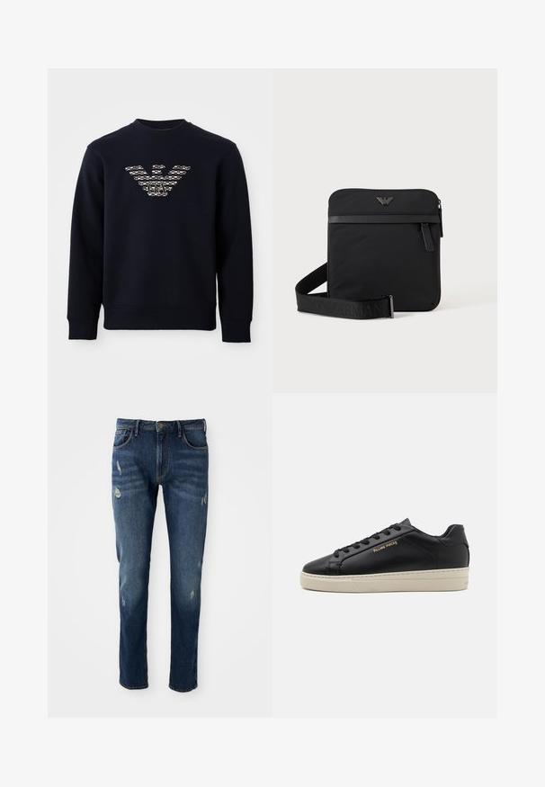 Marineblauwe sweatshirt met ronde hals en lange mouwen, voorzien van een gemarmerd adelaarslogo met de initialen "GA" gecentreerd op de borst.; Donkerblauwe denim jeans met slim fit, lichte slijtage op de dijen en knieën, klassiek vijf-pocket ontwerp en knoopsluiting.; Zwarte leren sneaker met een gladde afwerking, contrasterende crèmekleurige zool, ronde neus, gouden logo aan de zijkant en zes gaatjes voor veters.; Zwarte vierkante schoudertas met ritssluiting, voorvak en verstelbare band met geperste merknaam.