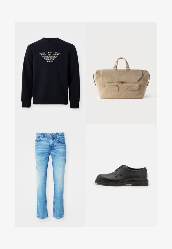 Marineblaues Crewneck-Sweatshirt mit langen Ärmeln, das ein gemustertes Adler-Logo mit den Initialen "GA" in der Mitte der Brust zeigt.; Blaue Jeans aus Denim mit einem ausgewaschenen Look, geradem Bein und rohem Saum. Verfügt über einen Fünf-Taschen-Stil und Metallknopf-Details.; Emporio Armani LACED SHOE - Schnürer - nero; Beige Cordtasche aus Cord mit zwei Griffen, Überschlagverschluss, vorderer Reißverschlusstasche und kleiner Überschlagtasche vor weißem Hintergrund.