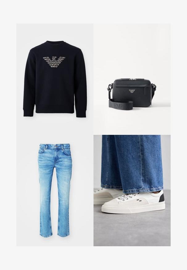 Marineblå crewneck sweatshirt med lange ærmer, der har et mønstret ørnelogo med "GA" initialer centreret på brystet.; Blå denimjeans med en størkningsvask, lige ben-design og rå kant. Har fem lomme-styling og metalknapdetaljer.; Hvide og sorte sneakers med en glat læderoverdel, teksturerede detaljer og en kraftig hvid sål. Har et klassisk snørebåndsdesign.; Sort crossbody taske lavet af tekstureret materiale. Har en lynlåslukning, en frontlomme med lynlås og en metallogo akcent. Inkluderer justerbar rem.