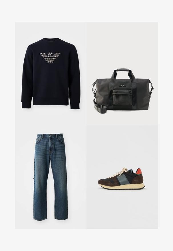 Tummansininen pyöreäkauluksinen collegepaita pitkillä hihoilla, jossa on kuvioitu kotkalogo ja "GA" alkuperäislauseet rinnassa.; NN.07 OTIS - Straight leg -farkut - stonewashed; Matala tennari, jossa on ruskeaa mokkanahkaa, tummansinisiä ja petroolinsinisiä paloja, kermanväriset nauhat, beige pohja ja punainen kantalenkki valkoisella taustalla.; Musta duffel-laukku, jossa on kaksi kahvaa, säädettävä olkahihna, etutasku vetoketjulla ja minimalistinen logo yksivärisellä taustalla.