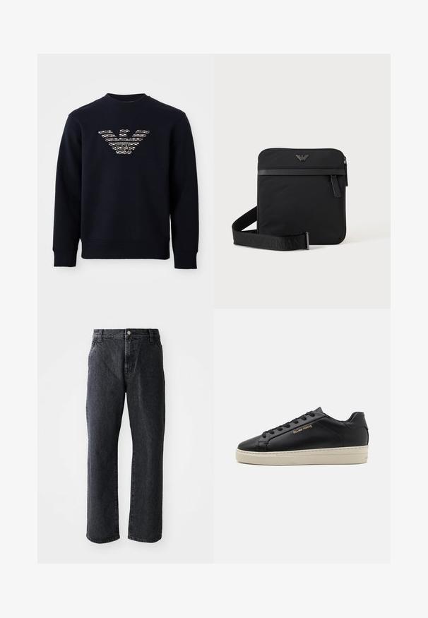Marineblå crewneck sweatshirt med lange ærmer, der har et mønstret ørnelogo med "GA" initialer centreret på brystet.; Sorte denim jeans med lige snit, med knaplukning, fem lommer og subtil tekstur. Klassisk design uden fremtrædende mønstre.; Sorte lædersneakers med en glat finish, kontrasterende cremefarvet sål, rund tå, guld logo på siden og seks huller til snørebånd.; Sort firkantet skuldertaske med lynlås, frontlomme og justerbar rem med præget brandnavn.