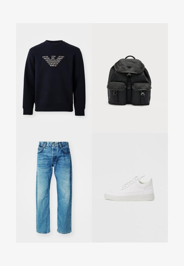 Marineblauwe sweatshirt met ronde hals en lange mouwen, voorzien van een gemarmerd adelaarslogo met de initialen "GA" gecentreerd op de borst.; Blauwe denim jeans met een ontspannen pasvorm, voorzien van vijf zakken, een knopenfly, subtiele vervaging en een licht afgeknipte zoom.; Witte leren sneaker met een afgeronde neus, platte zool en veters aan de voorkant. Voorzien van stikseldetails en een gevoerde kraag voor comfort.; Zwarte stoffen rugzak met bovenklep, twee voorvakken met gesp en een logo-embleem op de klep tegen een effen lichte achtergrond.