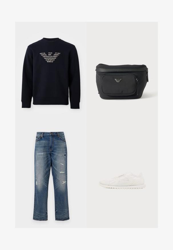 Marineblauwe sweatshirt met ronde hals en lange mouwen, voorzien van een gemarmerd adelaarslogo met de initialen "GA" gecentreerd op de borst.; Blauwe denim jeans met een ontspannen pasvorm, voorzien van versleten patches en vervaging. Ze hebben standaardzakken en zichtbare stikselaccenten.; Witte instapsneaker met gestructureerde zool, elastische bovenkant en subtiel gestikt ontwerp, gezien van opzij tegen een effen achtergrond.; Zwarte heuptas met voorvak met rits en zilveren adelaarlogo, gladde stof met gestructureerde afwerking en ritstrekker.