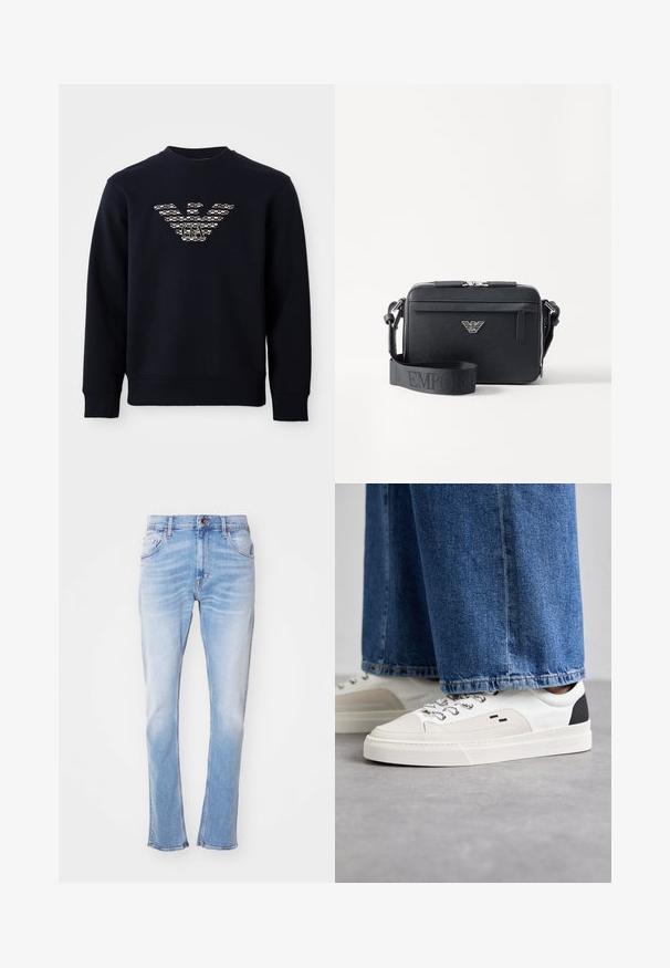 Marineblå crewneck sweatshirt med lange ærmer, der har et mønstret ørnelogo med "GA" initialer centreret på brystet.; Lysblå jeans lavet af denim, med lige ben, subtilt slid, fem lommer og knaplukning. Ingen synlige mønstre eller udsmykninger.; Hvide og sorte sneakers med en glat læderoverdel, teksturerede detaljer og en kraftig hvid sål. Har et klassisk snørebåndsdesign.; Sort crossbody taske lavet af tekstureret materiale. Har en lynlåslukning, en frontlomme med lynlås og en metallogo akcent. Inkluderer justerbar rem.