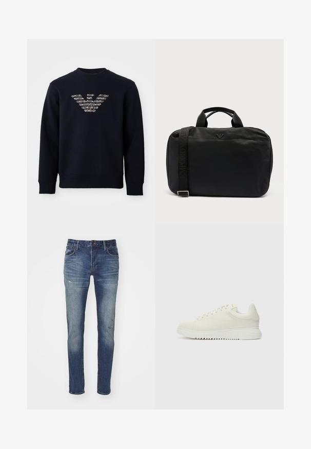 Tumed sinine ringiga dressipluus pikkade varrukatega, millel on mustriline kotka logo ja "GA" initsiaalid keskel rinnal.; Emporio Armani Liibuvad teksad - denim blue; Valge nahkne sneaker, millel on tekstureeritud pealmine osa, ümar varvas, lame valge talla ja tooni järgi seotud paelad. Disciple brändimine keelega.; Must ristkülikukujuline õlakott kahe käepidemega, ees Emporio Armani logo ja vasakul reguleeritav bränditud rihm.