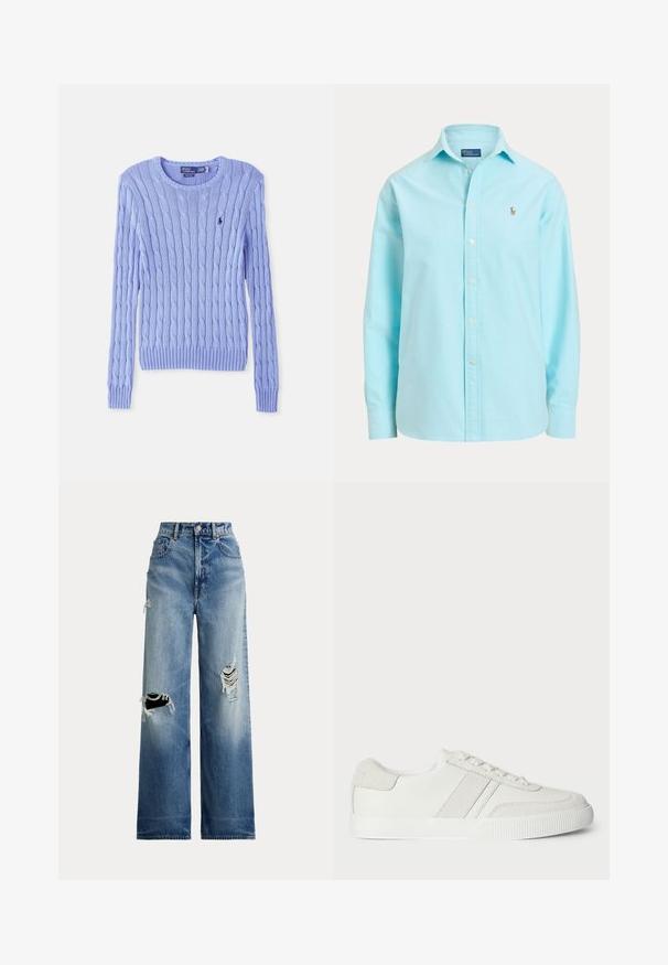 Pull bleu clair en maille torsadée à col rond avec manches longues et petit logo brodé sur la poitrine.; Chemise bleu clair à manches longues avec boutons, col et petit logo brodé sur le côté gauche de la poitrine.; Jean en denim bleu à jambes larges avec des déchirures usées aux genoux, doté d'une taille haute, d'une fermeture à boutons et d'un design classique à cinq poches.; Basket blanche avec une tige en cuir lisse, des accents en suède et des lacets plats. Dispose d'une semelle en caoutchouc texturée et d'un design minimaliste.