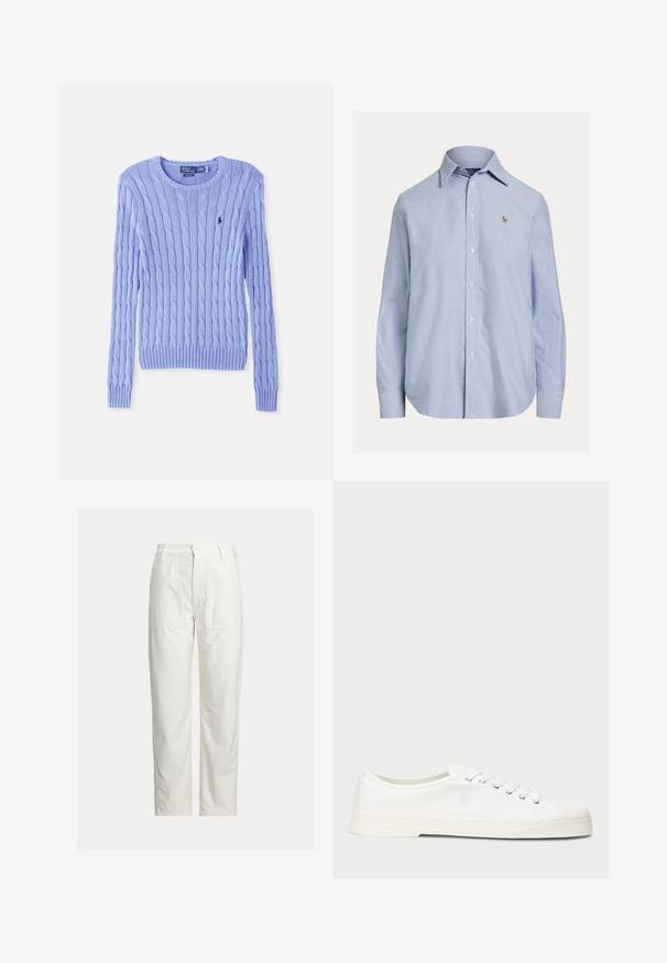 Pull bleu clair en maille torsadée à col rond avec manches longues et petit logo brodé sur la poitrine.; Chemise bleu clair à manches longues avec boutons, col pointu et petit logo brodé sur la poitrine gauche.; Pantalon blanc droit avec grandes poches plaquées devant, passants de ceinture et fermeture par bouton à la taille.; Sneaker en toile blanche avec un bout rond, fermeture lacée et un détail de logo discret. Caractéristiques d'un tissu texturé et d'une semelle en caoutchouc.