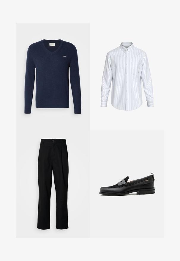 Pull en V bleu marine en tissu tricot doux. Doté de manches longues et d'un petit logo brodé sur la poitrine gauche. Coupe classique.; Chemise blanche à manches longues avec de fines rayures verticales noires et une poche poitrine unique, présentée sur un fond neutre.; Pantalons noirs à jambes droites avec une taille à bouton, passants de ceinture et pli avant, présentés sur un fond blanc uni.; Mocassin en cuir noir avec détail de bride grise, talon bas et semelle texturée, marqué "HUGO" en or sur le côté.
