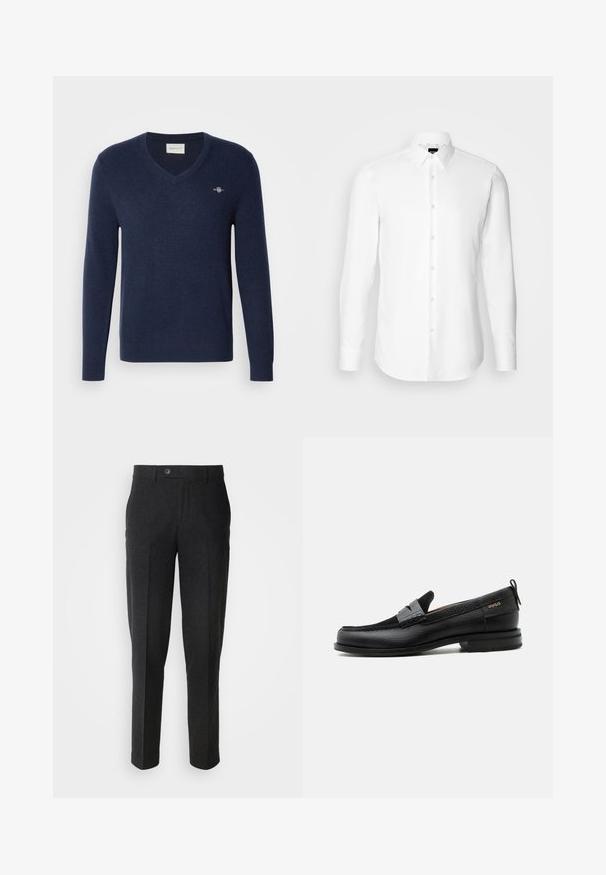 Marineblå V-hals sweater lavet af blødt strikket stof. Den har lange ærmer og et lille broderet logo på venstre bryst. Klassisk pasform.; Hvid skjorte med lange ærmer, knaplukning foran, klassisk krave, lavet af glat stof med en subtil tekstur, designet til et tætsiddende udseende.; Lindbergh Bukser - black melange; Sort læderloafer med grå remdetalje, lav hæl og tekstureret sål, mærket med "HUGO" i guld på siden.